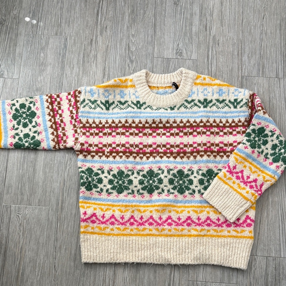 Zara Cream Fair Isle Crewneck Sweater with Green, Pink & Yellow Accents